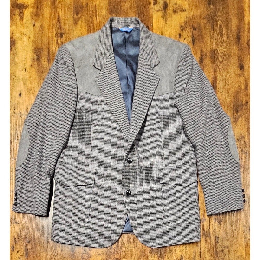 Pendleton Vintage Wool Western Blazer Grey Check Suede Elbow Patches 44L